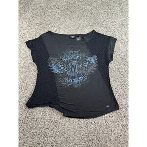 Harley Davidson Shirt Womens 2XL Black Lace Mixed Medium Asymmetrical Ladies*